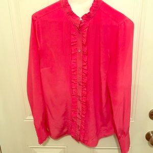Pink ruffle tuxedo blouse